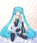  1girl aqua_eyes aqua_hair boots detached_sleeves hatsune_miku headset highres kneeling long_hair nail_polish necktie open_mouth skirt solo solzack thigh_boots thighhighs twintails very_long_hair vocaloid wink 