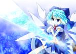  aruha blue blue_background blue_eyes blue_hair bow cirno hair_bow highres ice ice_sword solo sword touhou weapon wings x_arms yuuhi_aruha 