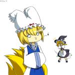  blonde_hair bloomers bloomers_on_head braid clothes_thief clothing_thief fox_tail hat kirisame_marisa o3o object_on_head short_hair signature tail theft touhou underwear_thief witch witch_hat yakumo_ran 