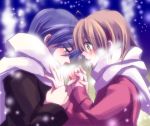  1boy 1girl blue_eyes blue_hair blush brown_eyes brown_hair clannad couple furukawa_nagisa husband_and_wife okazaki_tomoya scarf snow winter yuzuki_kisa 