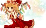  :o ascot blonde_hair face fang flandre_scarlet flower frills gradient_hair hands hat hat_ribbon highres multicolored_hair okemai red_eyes ribbon side_ponytail solo the_embodiment_of_scarlet_devil touhou wings 