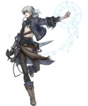  1boy :o abs androgynous armor bangs beads belt belt_buckle belt_pouch blue_eyes boots braid chains chest clenched_hand clothed cowboy_boots eyepatch fighting_stance fist fujisaka_kimihiko full-body fur_trim gauntlets grey_hair hair_between_eyes hair_ornament ice jackal_(last_story) jacket jewelry leg_lift long_hair looking_at_viewer magic male midriff navel necklace nintendo official_art open_clothes open_mouth open_shirt outstretched_arm pants pendant ponytail pose pouch running shirt short_hair side_braid silver_hair simple_background sleeves_folded_up solo standing standing_on_one_leg steampunk strap sword the_last_story transparent_background turtleneck weapon white_background wide_sleeves yuris_(the_last_story) 