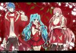  belt blue_eyes blue_hair breasts christmas cleavage coat crossed_arms garter_straps gloves guru_(nicocco) hatsune_miku kaito large_breasts long_hair megurine_luka pink_hair skirt thigh-highs thighhighs twintails very_long_hair vocaloid 