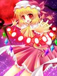  ascot blonde_hair danmaku flandre_scarlet full_moon hat hat_ribbon laevatein moon night night_sky outstretched_arms red_eyes red_moon ribbon side_ponytail sky solo spread_arms star the_embodiment_of_scarlet_devil touhou wings wrist_cuffs yamio 