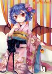  2011 alternate_costume bad_id bat_wings blue_hair fang flower hair_flower hair_ornament highres japanese_clothes kimono moyuvvx red_eyes remilia_scarlet shippou_(pattern) short_hair solo touhou wings 