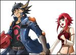  black_hair blue_eyes breasts code_geass crossover elbow_gloves fudou_yuusei gloves hand_holding headband highres holding_hands jacket kallen_stadtfeld look-alike lookalike male multicolored_hair navel open_mouth red_hair redhead short_hair smile yu-gi-oh! yugioh yugioh_5d's yuu-gi-ou yuu-gi-ou_5d&#039;s yuu-gi-ou_5d's 