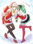  boots bow breasts cheri christmas cleavage detached_sleeves earmuffs gloves green_eyes green_hair hair_bow hatsune_miku headphones high_heels highres megurine_luka multiple_girls pink_hair santa_costume shoes skirt smile thigh-highs thigh_boots thighhighs vocaloid wink 