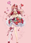 1girl bow brooch brown_hair detached_collar dress food food_as_clothes food_themed_clothes fruit hair_bow heart highres jewelry open_mouth original puffy_sleeves red_dress red_eyes shisaki_tayu single_thighhigh smile solo strawberry thigh-highs 