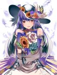  adapted_costume bare_shoulders blue_hair blue_rose blush bouquet butterfly detached_sleeves feathers flower food fruit hat hat_flower hinanawi_tenshi kureha_(ironika) long_hair looking_at_viewer object_hug peach red_eyes ribbon_choker rose smile solo sunflower touhou white_rose 
