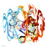  2girls bishoujo_senshi_sailor_moon blue_eyes female fire highres ho-oh long_hair lugia multiple_girls parody personification pokemon pokemon_heartgold_and_soulsilver pokemon_hgss psyconorikan red_eyes red_hair redhead sailor_scouts silver_hair skirt transparent_background water 