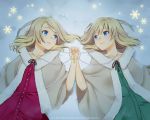  blue_eyes cape christmas cross hand_holding holding_hands jewelry mattaku_mosuke multiple_girls necklace original siblings sisters snowflakes twins 