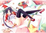  1girl :q bad_id bad_pixiv_id ball bell black_hair black_thighhighs blue_eyes box capelet christmas doughnut food futaori_arisa gift gift_bag gift_box gingerbread_man gloves green_ribbon hair_ornament hair_ribbon hairclip hat heart-shaped_box highres legs_up long_hair looking_at_viewer mary_janes one-piece_swimsuit original plaid plaid_pillow polka_dot_bag rabbit red_footwear ribbon santa_costume santa_hat school_swimsuit shoes snowflakes solo star_(symbol) star_hair_ornament star_pillow stuffed_animal stuffed_toy swimsuit teddy_bear thighhighs tongue tongue_out twintails white_swimsuit 