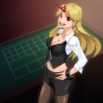  1girl alternate_costume bad_id blonde_hair breasts cleavage computer cosplay croupier female fishnet_pantyhose fishnets green_hair headset horn hoshiguma_yuugi large_breasts long_hair microphone midriff miniskirt open_mouth pantyhose ponnetsu red_eyes rio rio_(cosplay) rio_rollins rio_rollins_(cosplay) shackle short_hair skirt smile solo super_blackjack tkhs touhou 