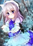  hat highres letty_whiterock outstretched_hand pink_hair purple_eyes short_hair shromann smile snowflakes solo touhou winter 