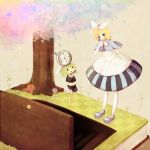  alice_(wonderland) alice_(wonderland)_(cosplay) alternate_costume animal_ears bad_id blonde_hair blue_eyes blush bunny_ears capelet cosplay dress finger_to_mouth green_hair gumi hair_ornament hair_ribbon hairclip highres kagamine_rin mikuri_yoru pantyhose ribbon short_hair tree vocaloid 