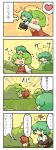  4koma :d ? antennae ascot blush_stickers cape character_doll chibi closed_eyes comic doll_on_head embarrassed emphasis_lines green_hair happy hiding highres kazami_yuuka motion_lines multiple_girls musical_note nura_(oaaaaaa) open_mouth shorts skirt skirt_set smile touhou translated translation_request vest wriggle_nightbug youkai 