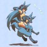  1girl ass black_hair blue_hair goggles kuromiya lucario moemon multicolored_hair personification piggyback pokemon pokemon_(creature) pokemon_(game) red_eyes sunglasses sunglasses_on_head tail 