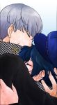  blue_hair couple grey_hair hat hug narukami_yuu persona persona_4 school_uniform seta_souji shirogane_naoto 