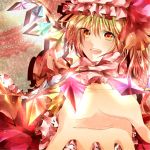  bad_id blonde_hair flandre_scarlet hat highres open_mouth outstretched_hand pink smile solo sumomo_kaze the_embodiment_of_scarlet_devil touhou wings yellow_eyes 