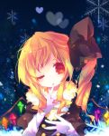  ana_(rznuscrf) bad_id blonde_hair bust buttons coat finger_to_mouth flandre_scarlet fur gloves heart long_hair no_hat no_headwear no_nose payot red_eyes side_ponytail snowflakes solo touhou wavy_hair wink winter_clothes 