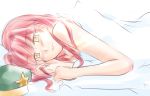  bed blush hat hat_removed headwear_removed hong_meiling long_hair looking_at_viewer lying on_side red_hair redhead reizou smile socold404 solo touhou yellow_eyes 