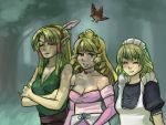  3girls alice_(embric) bird blonde_hair breasts cleavage elf embric_of_wulfhammer&#039;s_castle embric_of_wulfhammer's_castle falwythwier_windgrace feathers forest green_eyes long_hair lowres magical_ondine maid maid_headdress multiple_girls nature ondine_(artist) pointy_ears princess qvga ringlets stratovarius_(embric) the_duchess_of_elstwhere tiara 
