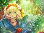  blonde_hair blue_eyes chiko_(d04099) earrings feathers flower forest green_eyes hair_flower hair_ornament hairband jewelry leaf nature necklace original poncho short_hair solo sunlight tree wind 