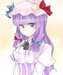  1girl bad_id bow crescent crescent_moon hair_bow hat hat_ribbon long_hair patchouli_knowledge purple_eyes purple_hair ribbon smile solo touhou violet_eyes 