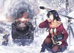  1girl 4boys black_hair black_legwear boots headphones kneeling locomotive long_hair microphone microphone_stand original pantyhose plaid plaid_scarf recording scarf smoke snow solo sony steam_locomotive strap_cleavage tape_recorder train vania600 winter_clothes 