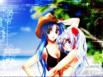  bikini blue_eyes blue_hair chidori_kaname flower full_metal_panic full_metal_panic! hat highres red_eyes swimsuit teletha_testarossa wallpaper white_hair 