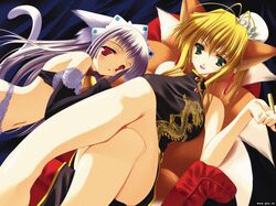 animal_ears antenna_hair aoi_yuuji bare_shoulders bell bell_collar blonde_hair blush bra breasts bun_cover cat_ears cat_tail china_dress chinese_clothes collar crossed_legs dutch_angle earrings elbow_gloves fox_ears fox_tail gloves green_eyes jewelry kyuubi large_breasts lingerie multiple_girls multiple_tails panties puni_puni_handmaid red_eyes silver_hair sitting smile tail tamamo_(puni_puni_handmaid) underwear wallpaper yui_(puni_puni_handmaid)