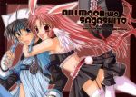  1boy 1girl blush bunnygirl couple cover full_moon_wo_sagashite garters hat hat_removed headwear_removed highres hug lingerie meroko_yui red_hair seisou_niki tail takuto_kira thighhighs underwear white_legwear 