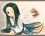  fang green_hair long_hair moriya school_uniform suzumiya_haruhi_no_yuuutsu tsuruya very_long_hair wallpaper wink 