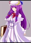 1girl blush book bow breasts crescent hair_bow hat kichi8 large_breasts long_hair looking_at_viewer patchouli_knowledge purple_hair smile solo touhou violet_eyes 