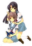  2girls absurdres asakura_ryouko blue_eyes blue_hair blush book brown_eyes glasses grey_hair hand_on_shoulder highres itou_noiji long_hair multiple_girls nagato_yuki school_uniform short_hair smile suzumiya_haruhi_no_yuuutsu wink 