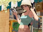  azuma_kiyohiko bag bare_shoulders book bottle brown_hair can cat duplicate food hat highres ice_cream midriff mouth_hold payphone phone popsicle reading summer sweat wallpaper 