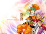  .hack//tasogare_no_udewa_densetsu 1boy 1girl brother_and_sister character_name kunisaki_rena kunisaki_shugo pantyhose rainbow_background siblings sword title_drop wallpaper weapon 