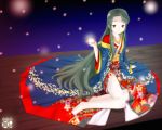  barefoot blurry green_hair haori japanese_clothes kimono long_hair nagian petals sakazuki sake sitting solo suzumiya_haruhi_no_yuuutsu tsuruya very_long_hair wallpaper yokozuwari 