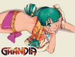  back bangs blunt_bangs chin_rest feena grandia grandia_i green_eyes green_hair hair_ornament hair_tubes hontani_toshiaki jewelry logo long_hair looking_at_viewer looking_up miniskirt necklace official_art on_stomach skirt smile solo title_drop wallpaper wide_sleeves wink 