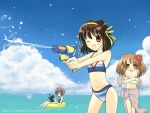  beach bikini book brown_hair innertube nagato_yuki sarong short_hair sky suzumiya_haruhi suzumiya_haruhi_no_yuuutsu swimsuit wallpaper water_gun 