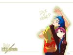  1boy 1girl back-to-back bazett_fraga_mcremitz blue_hair blush cigarette couple cu_chulainn_(fate)_(all) earrings fate/hollow_ataraxia fate/stay_night fate_(series) formal hawaiian_shirt holding_hands jewelry lancer long_hair mole ponytail red_hair short_hair suit task_owner type-moon wallpaper white 