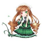  bad_id blush bow brown_hair chibi dress drill_hair frills green_eyes hairband heterochromia long_hair mtyy red_eyes ribbon rozen_maiden simple_background smile solo standing suiseiseki transparent_background very_long_hair watering_can 