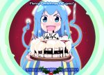  blue_eyes blue_hair cake candle christmas food hat ikamusume ink knife long_hair prehensile_hair shinryaku!_ikamusume shrimp solo squid_ink tentacle_hair touge_hiro translated translation_request 