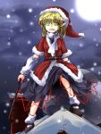  arm_warmers belt blonde_hair crowbar green_eyes hat kimagure_ringo mary_janes mizuhashi_parsee moon night pointy_ears rooftop sack santa_costume santa_hat scarf sharp_teeth shoes short_hair solo teeth touhou weapon 