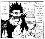  christmas comedy comic death_note fake_translation funny gloves hat lowres monochrome ryuk santa_costume santa_hat shinigami snow snowing winter yagami_light 