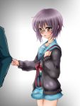  blush bow brown_eyes cardigan glasses grey_hair nagato_yuki nagato_yuki_(shoushitsu) purple_hair ribbon school_uniform shirt_tug short_hair skirt suzumiya_haruhi_no_shoushitsu suzumiya_haruhi_no_yuuutsu sweater 