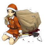  bangs black_hair blood blood_on_face blood_stain blood_stains boots glasses hasunemachi hat itoshiki_nozomu kitsu_chiri kneeling long_hair parted_bangs sack santa_costume santa_hat sayonara_zetsubou_sensei shovel simple_background smile struggle struggling worktool 