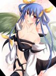  asymmetrical_wings black_legwear black_thighhighs blue_hair blush breasts cleavage detached_sleeves dizzy guilty_gear hair_ribbon navel ram_hachimin red_eyes ribbon solo tail thigh-highs thighhighs twintails underboob wings 