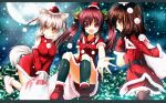  animal_ears black_legwear black_socks black_thighhighs breasts brown_hair christmas detached_sleeves footwear garter_straps geta hat himekaidou_hatate inubashiri_momiji multiple_girls purple_eyes purple_hair red_eyes red_hair sack santa_costume shameimaru_aya shoes silver_hair socks tabi tail thighhighs tokin_hat touhou wolf_ears wolf_tail yuzutei 