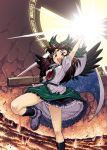  arm_cannon arm_up black_hair black_legwear black_socks black_wings bow brown_eyes footwear frills hair_bow hamada_yoshikazu long_hair radiation_symbol reiuji_utsuho skirt socks solo third_eye touhou weapon wings 